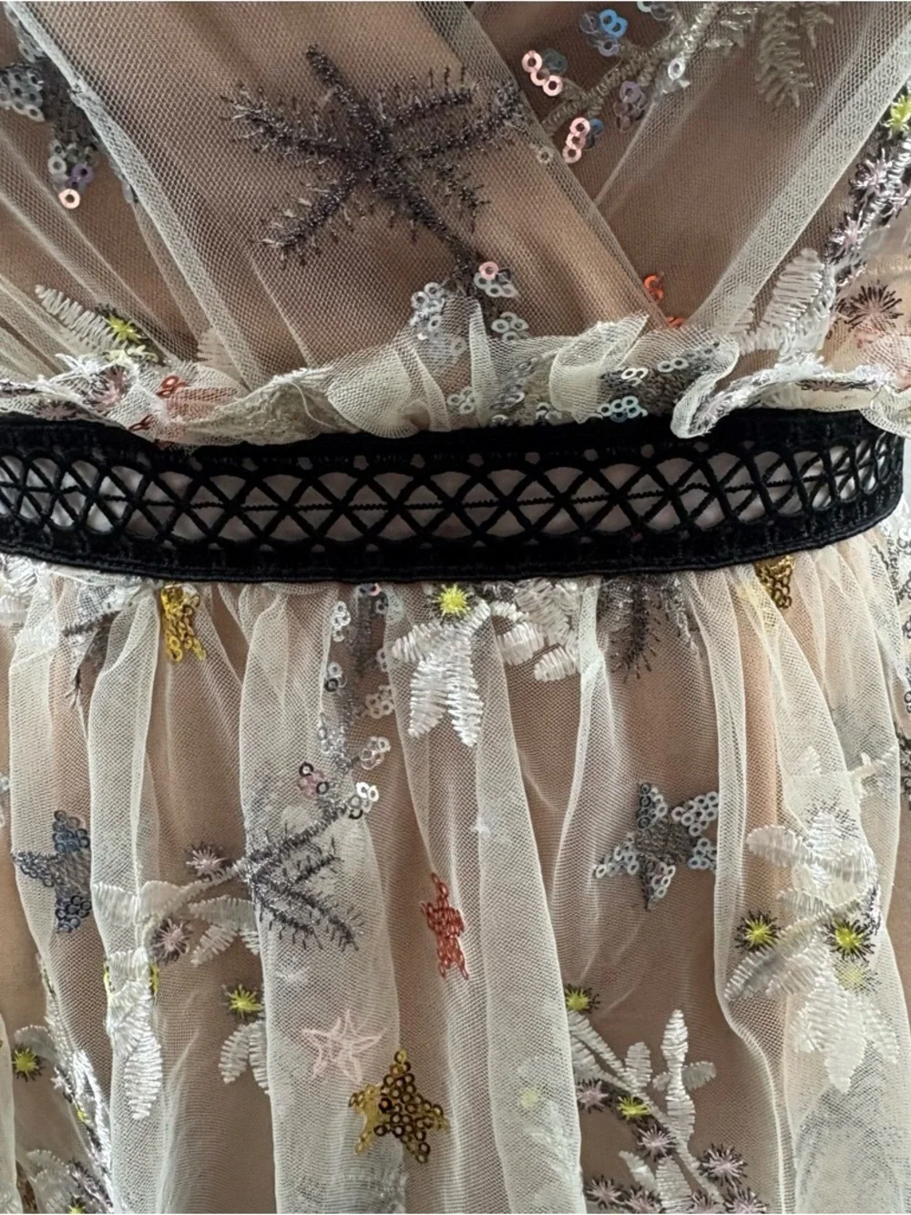 Sheer Star-Embellished Midi Dress in Nude with Black Trim 2 - Picture 11 of 16